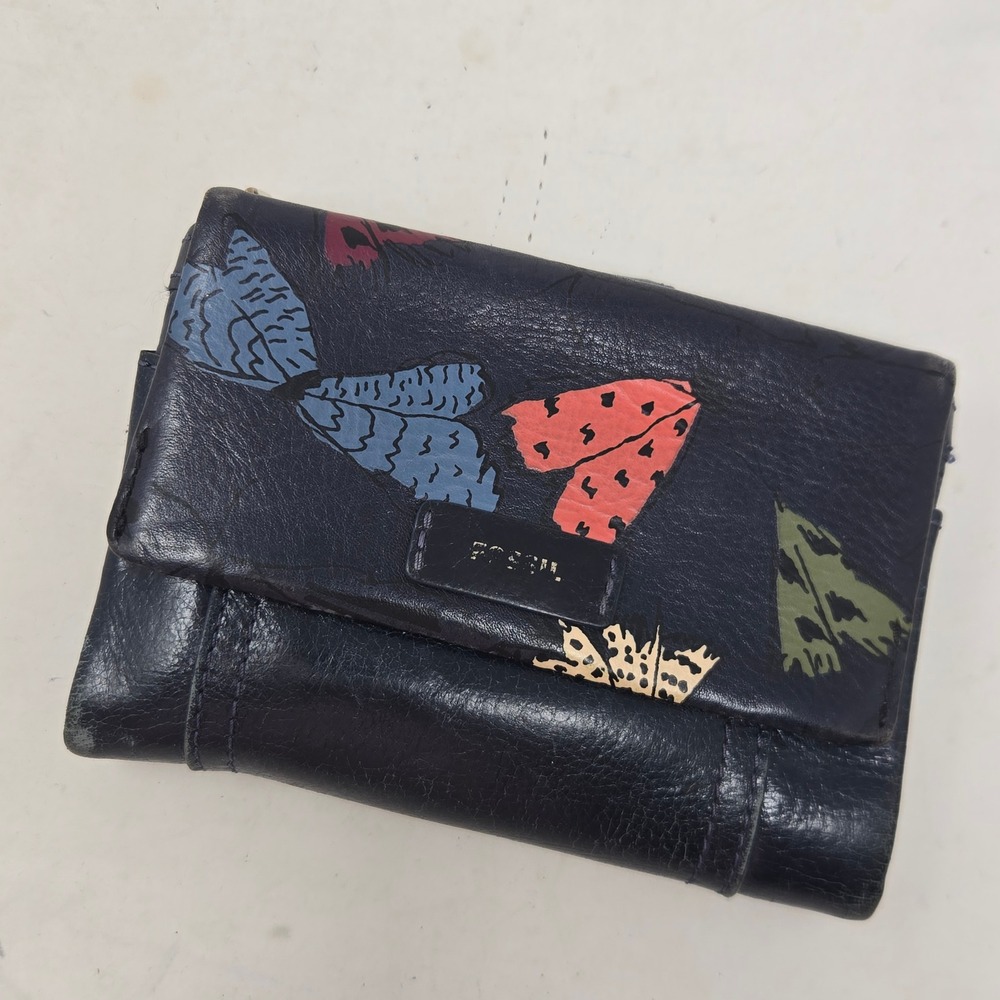 Fossil Navy Blue Leather Butterfly Print Trifold Wallet Brass Hardware